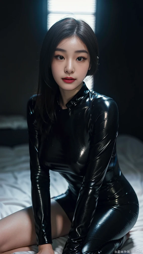 1 woman、Korean、Korean、cyberpunk suit、smooth rubber、tight suit、chest chuck、intricate details、high quality、(upscale:1.4)、Staring at me、ultra realistic 8k、Perfection face、perfection、clean、masterpiece、professional artwork、famous works、Perfection face、beautiful expression、beautiful eyes、short black hair、high heels、wet hair、very big breasts、best image quality、natural background、(focus on chest)、No pants, (RAW Photography:1.2)、top-quality、white, a beautiful detailed girl、tight water suit、latex wet suit, a smile、Twin-tailed、extremely detailed eye and face、beatiful detailed eyes、huge filesize、hight resolution、hight resolution、8k wallpapenely detail、Highly detailed ticker uniform 8k wallpaper、Light on the face、movie lighting、16-year-old girl、sexy pose、(photorealisim:1.4)、illustratio、surrealism、 frombelow、super detailing、masterpiece