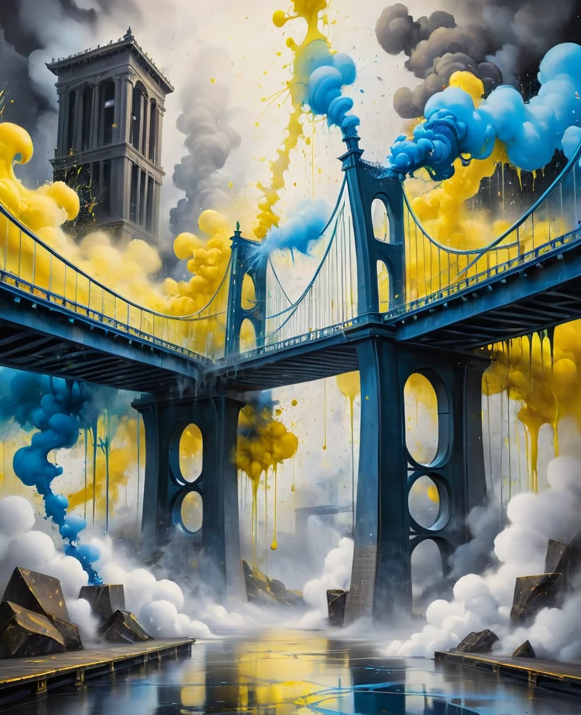 Create an HD image of [great bridge] set in a surreal, smoky environment, [yellow] and [blue] oil paint splatters and swirling mist give the scene a chaotic, intense and ominous feel, blending abstract art with detailed architecture