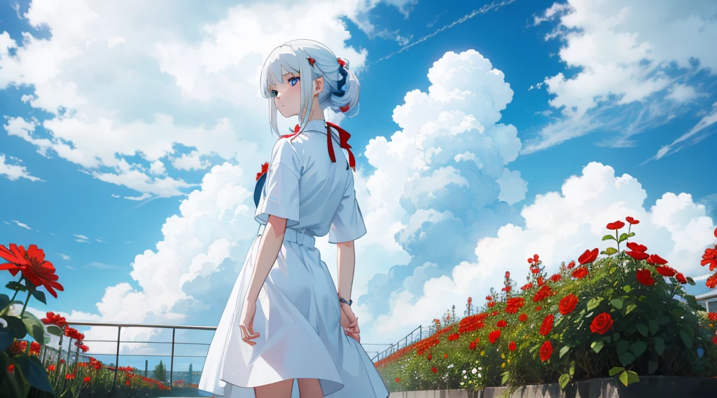Red flower garden,White Hair Girl,Blue colored eyes,White clothes,Dark blue sky,cloud