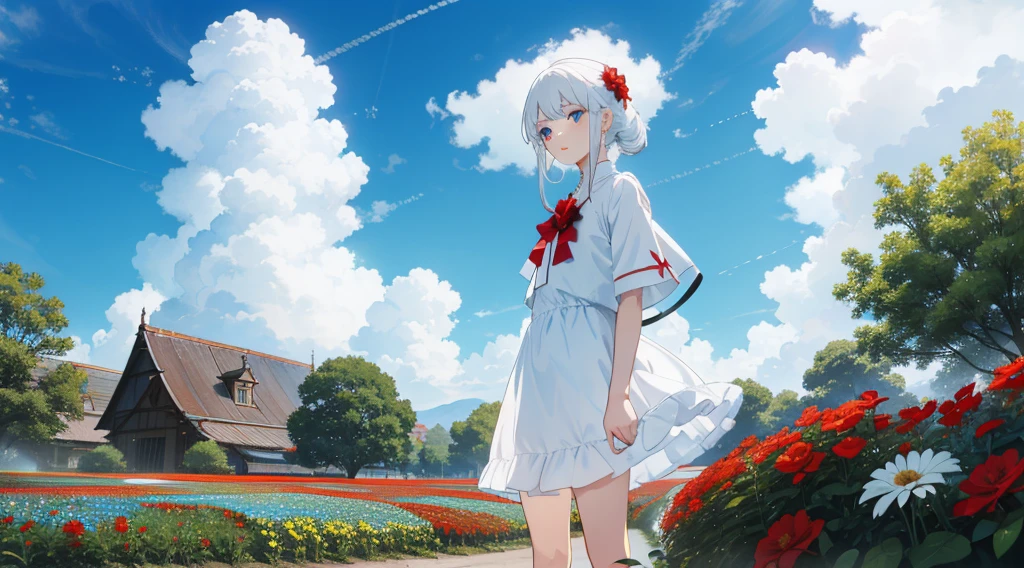 Red flower garden，White Hair Girl，Blue colored eyes，White clothes，Dark blue sky，cloud