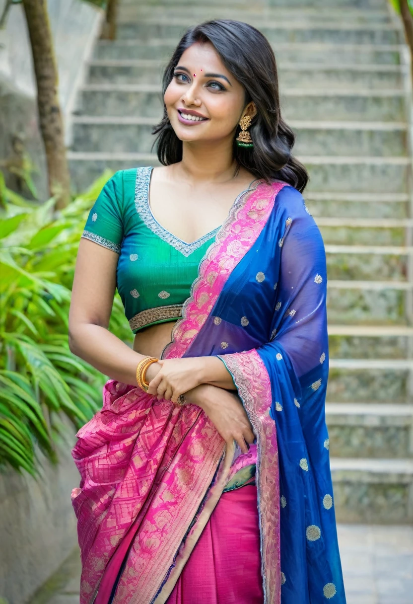 A woman wearing an elegant, colorful traditional dress stands outdoors. Her attire includes a vibrant blue and pink patterned blouse with a low back, paired with a green and pink saree. She has long, straight dark hair and is accessorized with dangling earrings and bangles. She smiles softly while looking over her shoulder, with a background of urban outdoor elements.