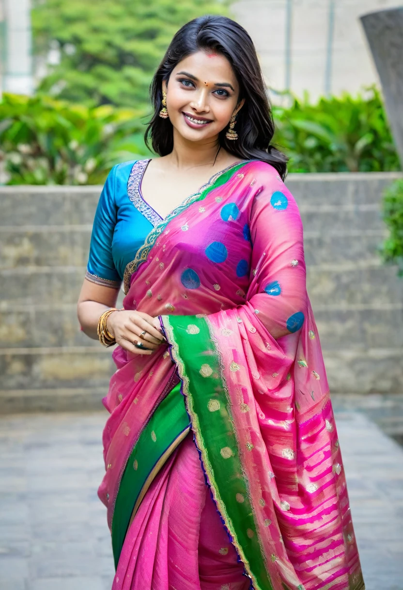 A woman wearing an elegant, colorful traditional dress stands outdoors. Her attire includes a vibrant blue and pink patterned blouse with a low back, paired with a green and pink saree. She has long, straight dark hair and is accessorized with dangling earrings and bangles. She smiles softly while looking over her shoulder, with a background of urban outdoor elements.