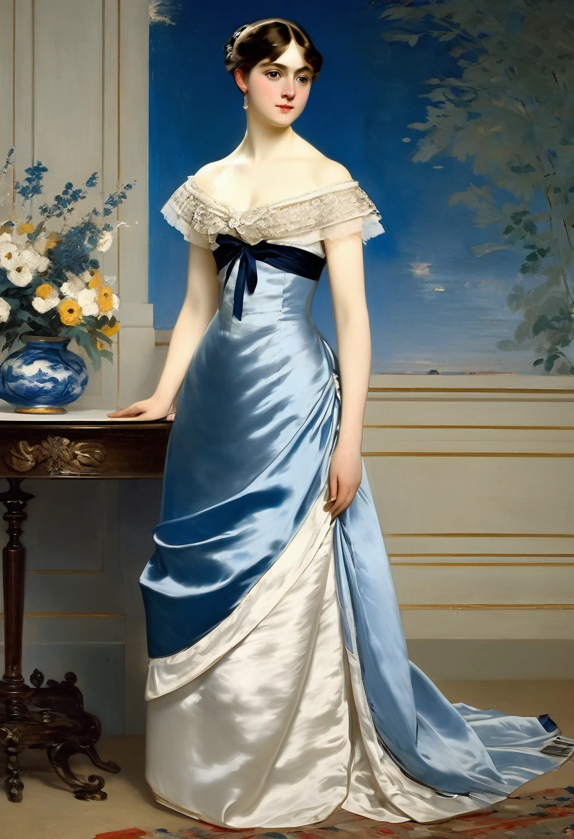 ((full body, an attractive girl with an beautyful eyes)) , blue-white satin  Evening Dress, on  19 century, 
((Edouard Manet style)),((painting)), two-color lighting, Scuff gradient, Complex details, intricate, aesthetics, ((best quality, Masterpiece)),
((Highest detail)), Octane render, hd, f/2.8, 8K