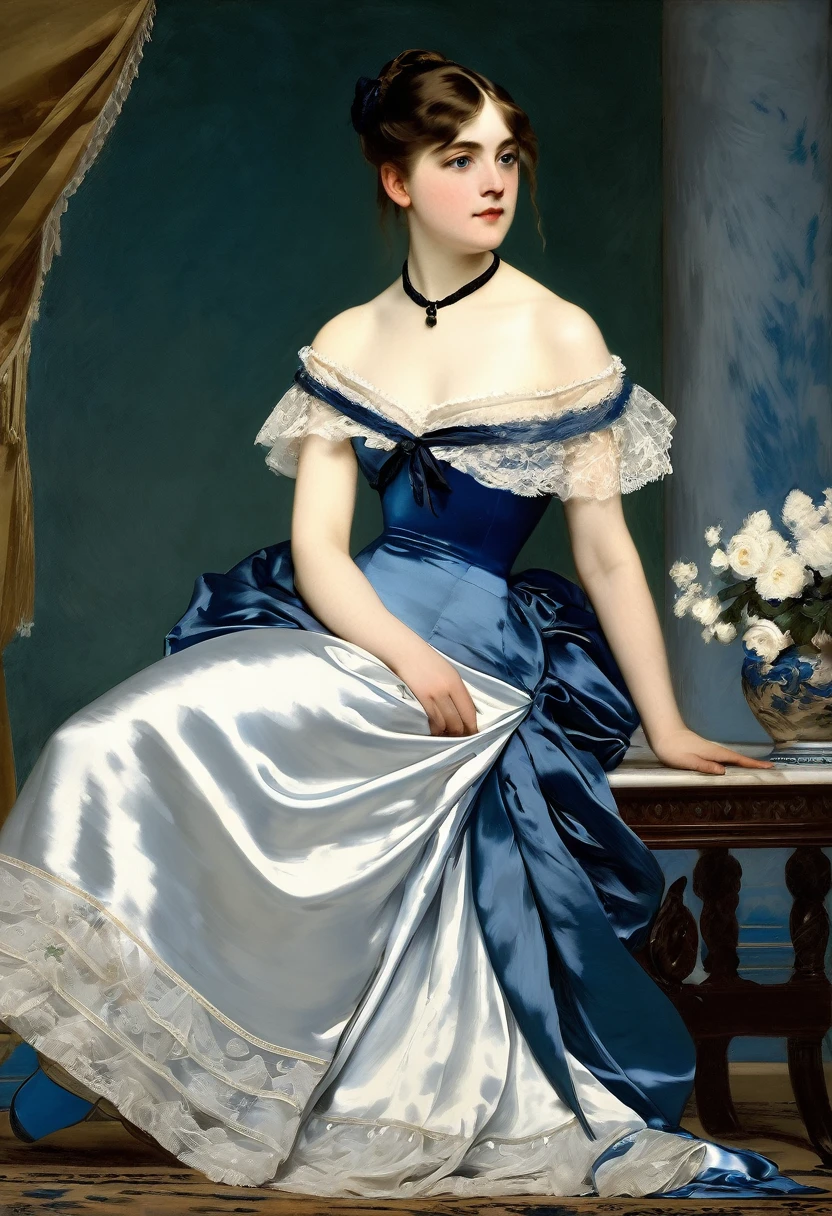 ((full body, an attractive girl with an beautyful eyes)) , blue-white satin Evening Dress, on 19 century,
((Edouard Manet style)),((painting)), two-color lighting, Scuff gradient, Complex details, intricate, aesthetics, ((best quality, Masterpiece)),
((Highest detail)), Octane render, hd, f/2.8, 8K