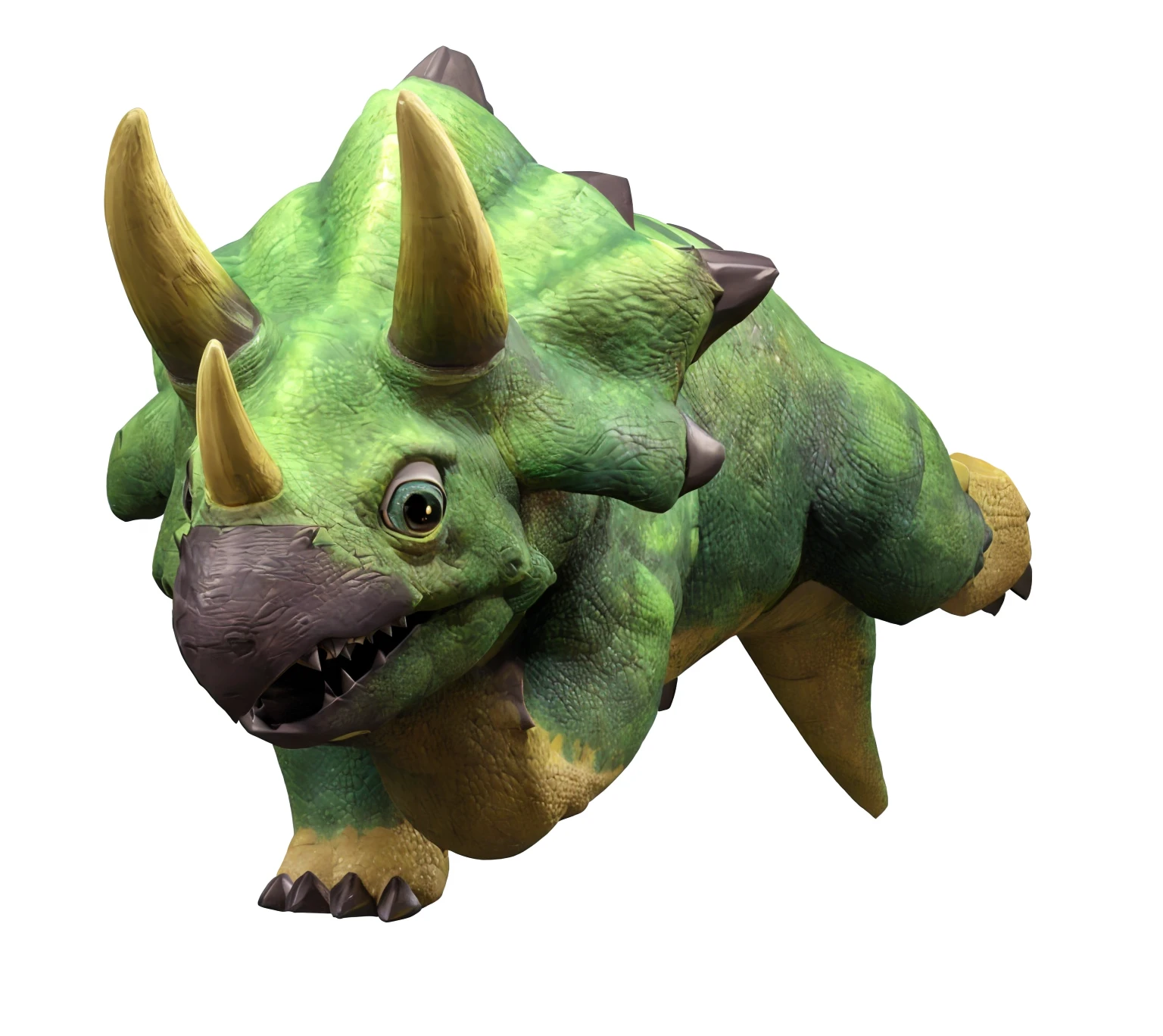 a close up of a green and yellow 恐龙 with horns, triceratops, Smooth skin,Rhino rendering, Cartoon style dinosaurs,War of the royal family,
