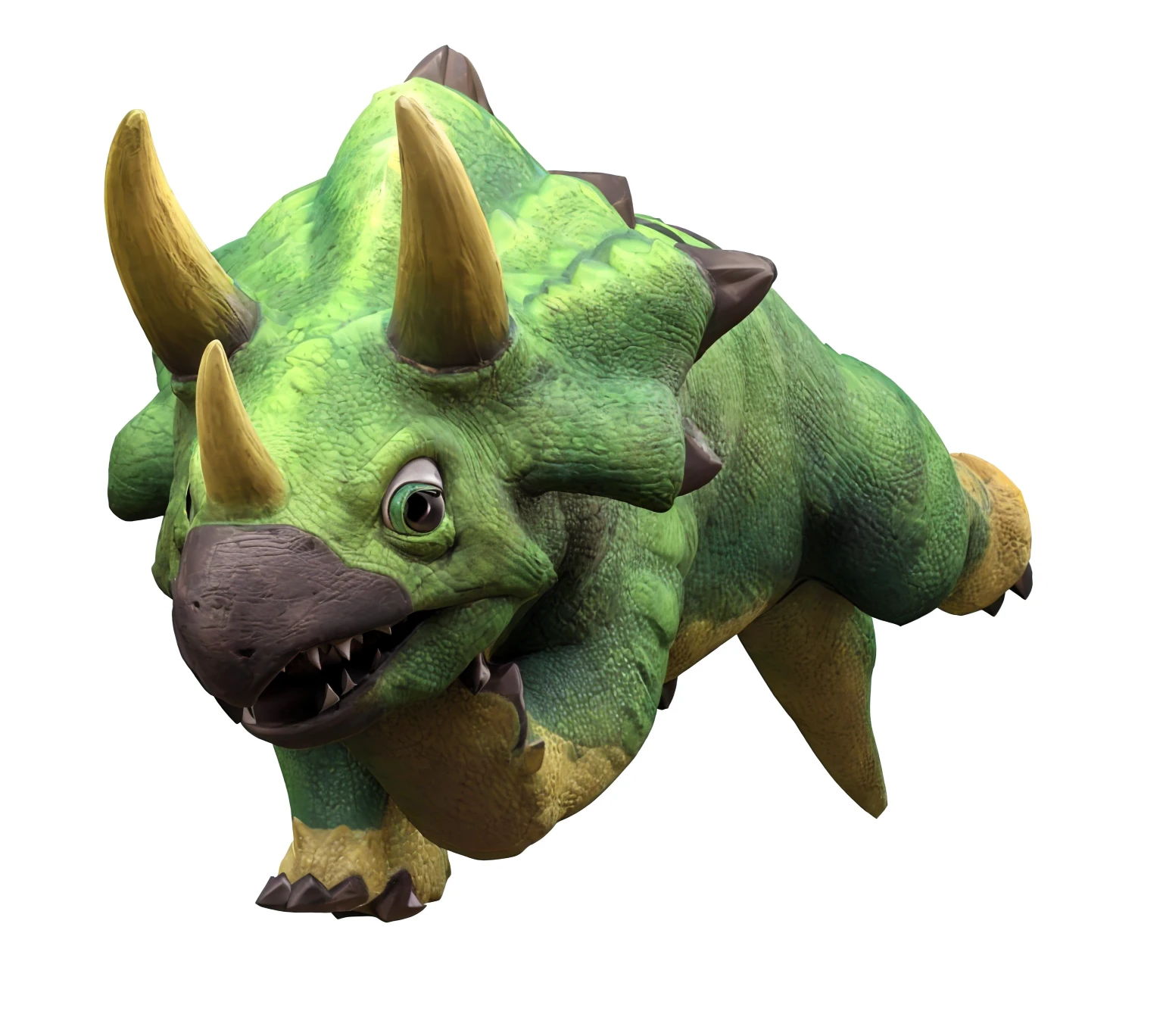 a close up of a green and yellow 恐龙 with horns, triceratops, Smooth skin,Rhino rendering, Cartoon style dinosaurs,War of the royal family,