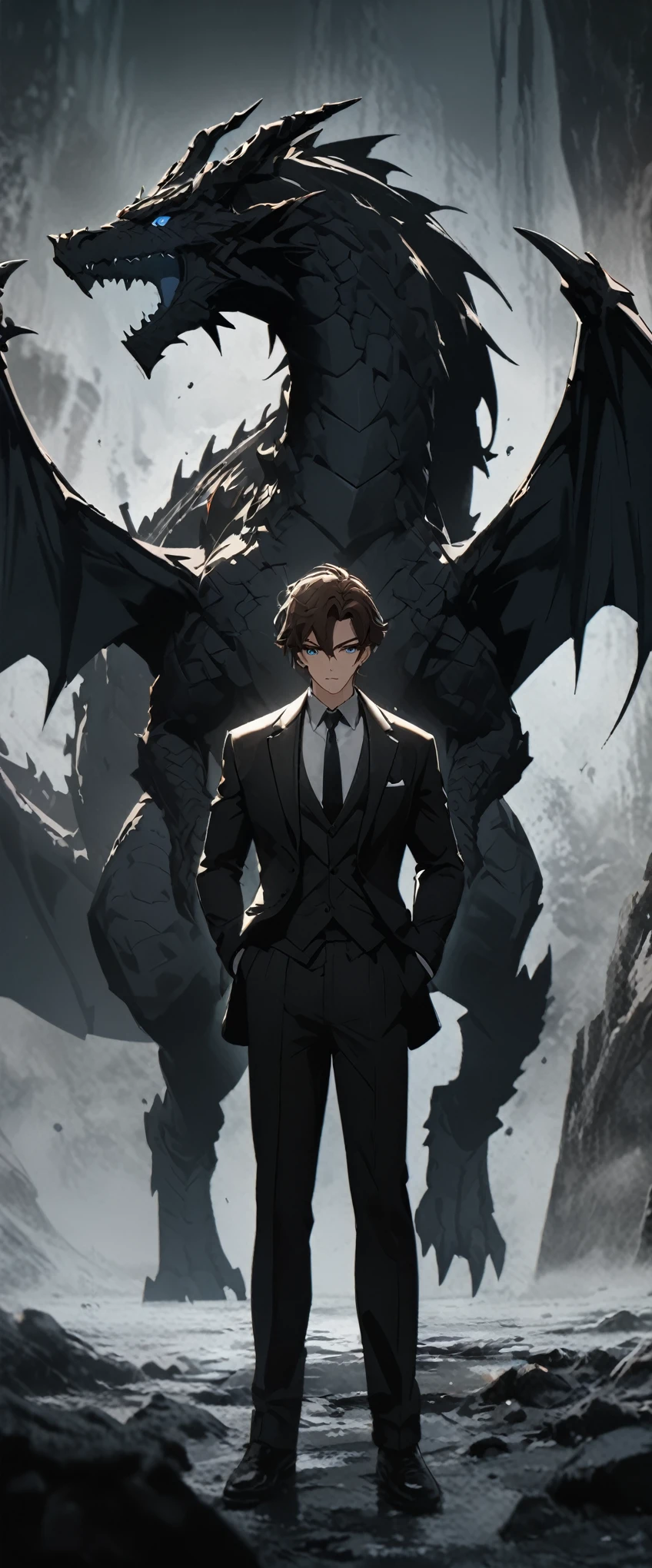 A man in a suit has his back to the camera. Dark landscapes. 8K quality., Raw Work, (brown hair),(blue eyes), (Black suit), (background: great black dragon)