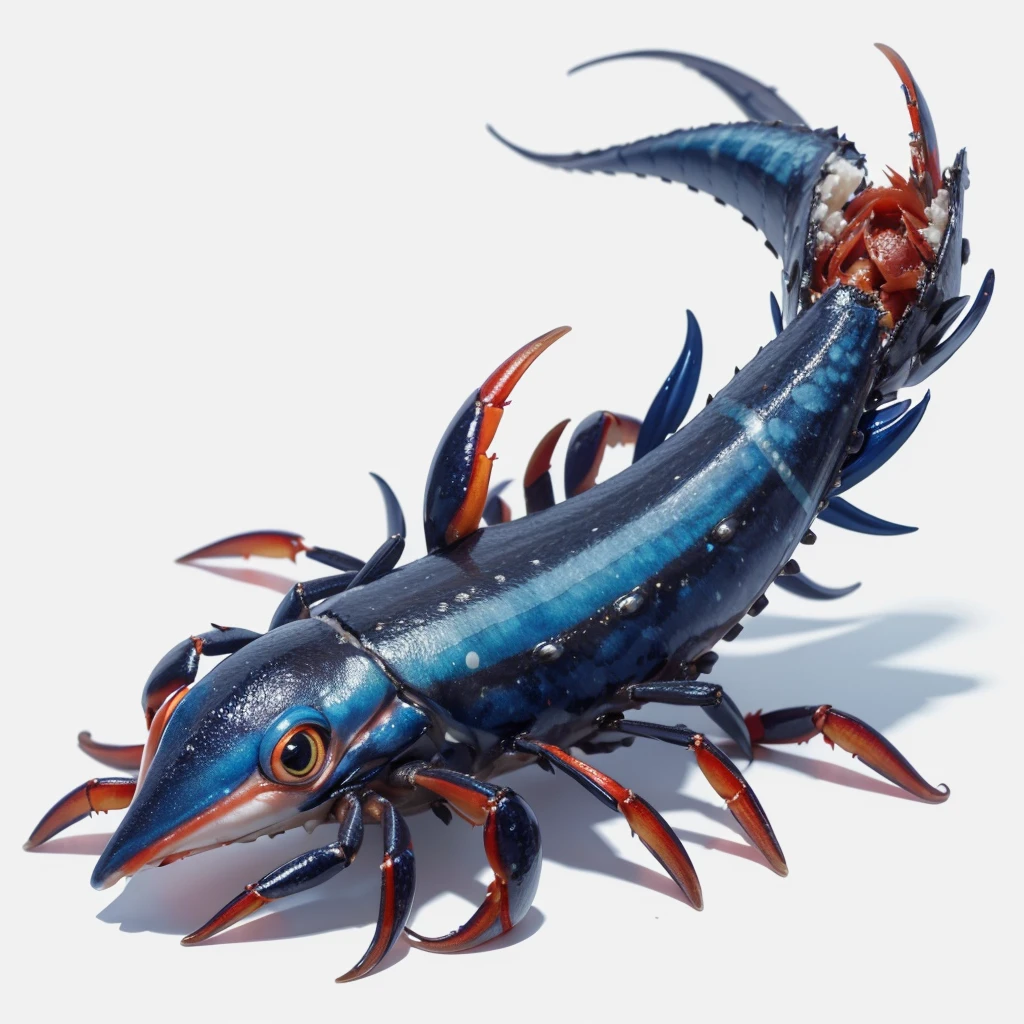 Small Animaly, generate results for squid mixed with crab, has blue stripes on his skin, white eyes, Grassroots, no background