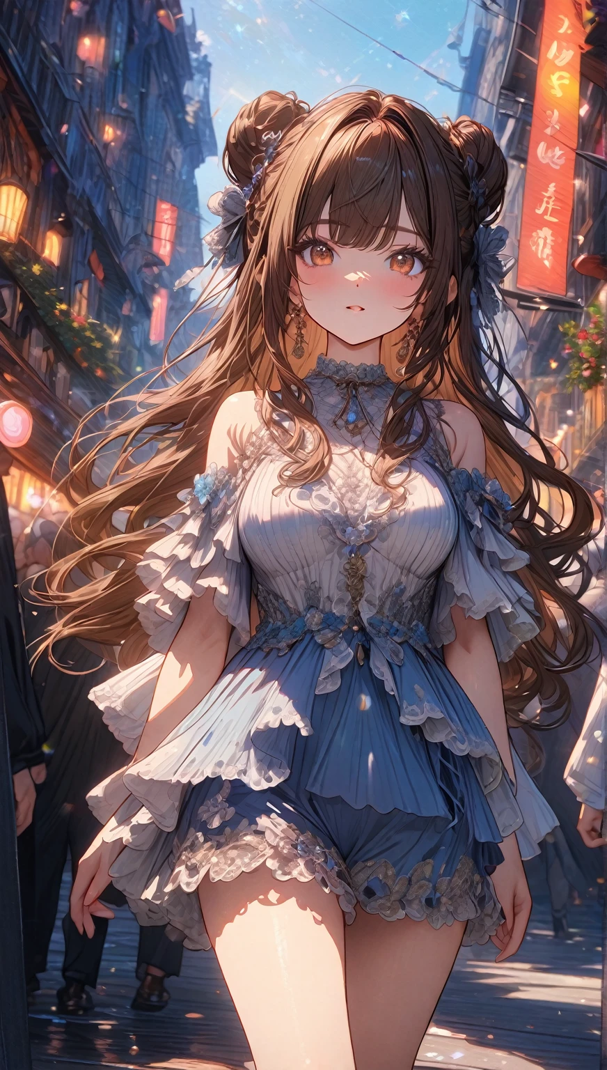 ((masterpiece:0), best quality, very aesthetic, newest, absurdres, detailed, high quality)
BREAK
highest quality, top quality, details, highres, ultra fine painting, digital art, official art, cinematic, 4k, 8k resolution, 8K CG wallpaper, CG, original artwork, detailed background, colorful background, blue atmosphere, High Dynamic Range, blurry background, blue hour, Starburst effects, crepuscular rays, good ISO, high resolution, wide shot, from far away, RAW photo, POV, sharp focus, light reflection, reflections, intricate details, soft light, particle noise, professional photography, bokeh, depth of field, natural lighting, vibrant colors, looking away, detailed lights and shadows, stylish, ultra-detailed, top rated on Pixiv, trending on Artstation, niji style, modern-days, master crafted, pose
BREAK
solo, 1girl, a girl, correct fingers, detailed hair, (medium big breasts:1.2), big thighs, short torso, short body, flushtered, blush, anxious expression, casual, slim, ((cute, childlike face):1.3), nice hips, nice body, brown hair, (long flowing hair:1.1), big 2 buns hairstyle, long bangs, long hair, middle hair bangs, brown eyes
BREAK
((colorful outfit), off shoulder crop top, short skirt, headphone, jacket, casual cap, belts, straps, choker, gloves, boots, (stockings), garterbelt, accessories, outfit ornaments, sneakers, kemonomimi, 1 tail, correct tail, (full body)) 
BREAK
a person walking down a street with a crowd of people, crowded street, crowded streets, in front of a large crowd, giant crowd, girl walking through city, people walking down a street