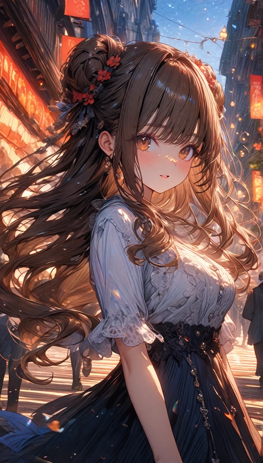 ((masterpiece:0), best quality, very aesthetic, newest, absurdres, detailed, high quality)
BREAK
highest quality, top quality, details, highres, ultra fine painting, digital art, official art, cinematic, 4k, 8k resolution, 8K CG wallpaper, CG, original artwork, detailed background, colorful background, blue atmosphere, High Dynamic Range, blurry background, blue hour, Starburst effects, crepuscular rays, good ISO, high resolution, wide shot, from far away, RAW photo, POV, sharp focus, light reflection, reflections, intricate details, soft light, particle noise, professional photography, bokeh, depth of field, natural lighting, vibrant colors, looking away, detailed lights and shadows, stylish, ultra-detailed, top rated on Pixiv, trending on Artstation, niji style, modern-days, master crafted, pose
BREAK
solo, 1girl, a girl, correct fingers, detailed skin, (medium big breasts:1.2), big thighs, short torso, short body, flushtered, anxious expression, casual, slim, ((cute, childlike face):1.3), nice hips, nice body, brown hair, (long flowing hair:1.1), big 2 buns hairstyle, long bangs, long hair, middle hair bangs, brown eyes
BREAK
(Blouse, short skirt) 
BREAK
a close up of a person walking down a street with a crowd of people, crowded street, crowded streets, in front of a large crowd, giant crowd, girl walking through city, people walking down a street