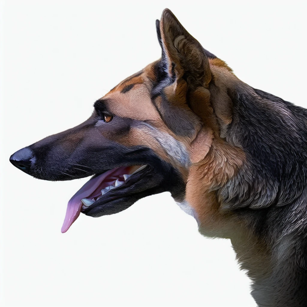 there is a dog that is looking to the side with its mouth open, german shepherd, canine, zoomed out portrait of a duke, looking to his left, k9, portrait of a dog, on black background, looking to the side off camera, portrait of dog, side profile cenetered portrait, closeup portrait shot, looking to his side, photo of wolf