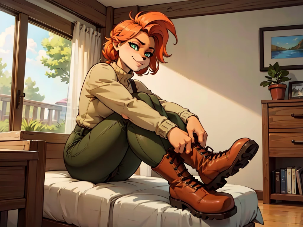 (best quality,4k,8k,highres,masterpiece:1.2),ultra-detailed,realistic:1.37,portrait,anthro bandicoot girl redhead, braided hair, beautiful green eyes, relaxing moment, sexy ,seductive, warm sweater, camouflage pants, army boots, smirking, cozy lighting, vibrant colors , girl anthro , sweater, camouflage pants, army boots, hands to boots