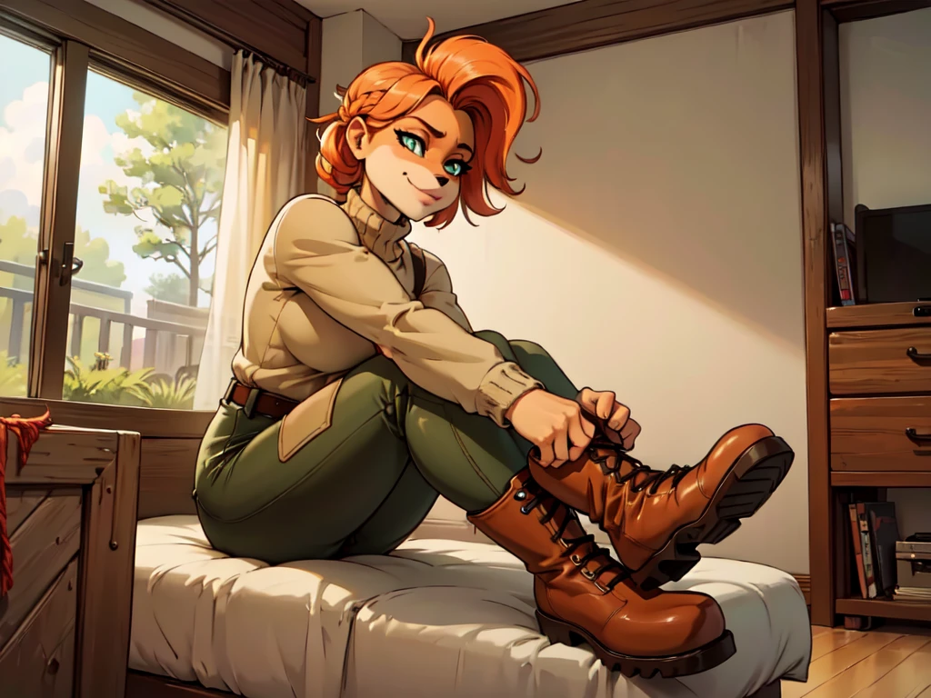 (best quality,4k,8k,highres,masterpiece:1.2),ultra-detailed,realistic:1.37,portrait,anthro bandicoot girl redhead, braided hair, beautiful green eyes, relaxing moment, sexy ,seductive, warm sweater, camouflage pants, army boots, smirking, cozy lighting, vibrant colors , girl anthro , sweater, camouflage pants, army boots, hands to boots