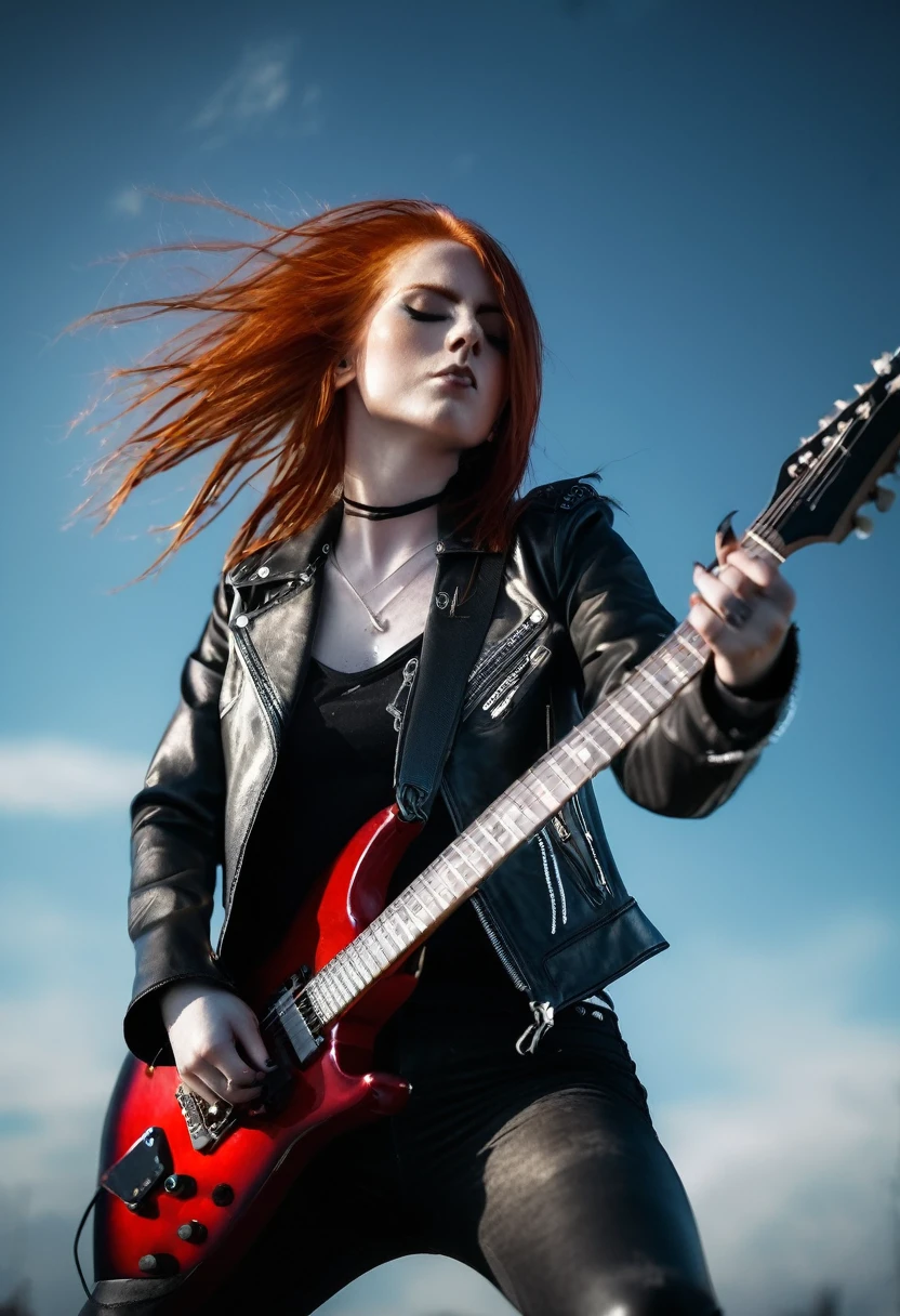 Black Metal girl, red hair shoulder length, leather jacket, riding on a guitar in sky, electricity effects,  movement blur