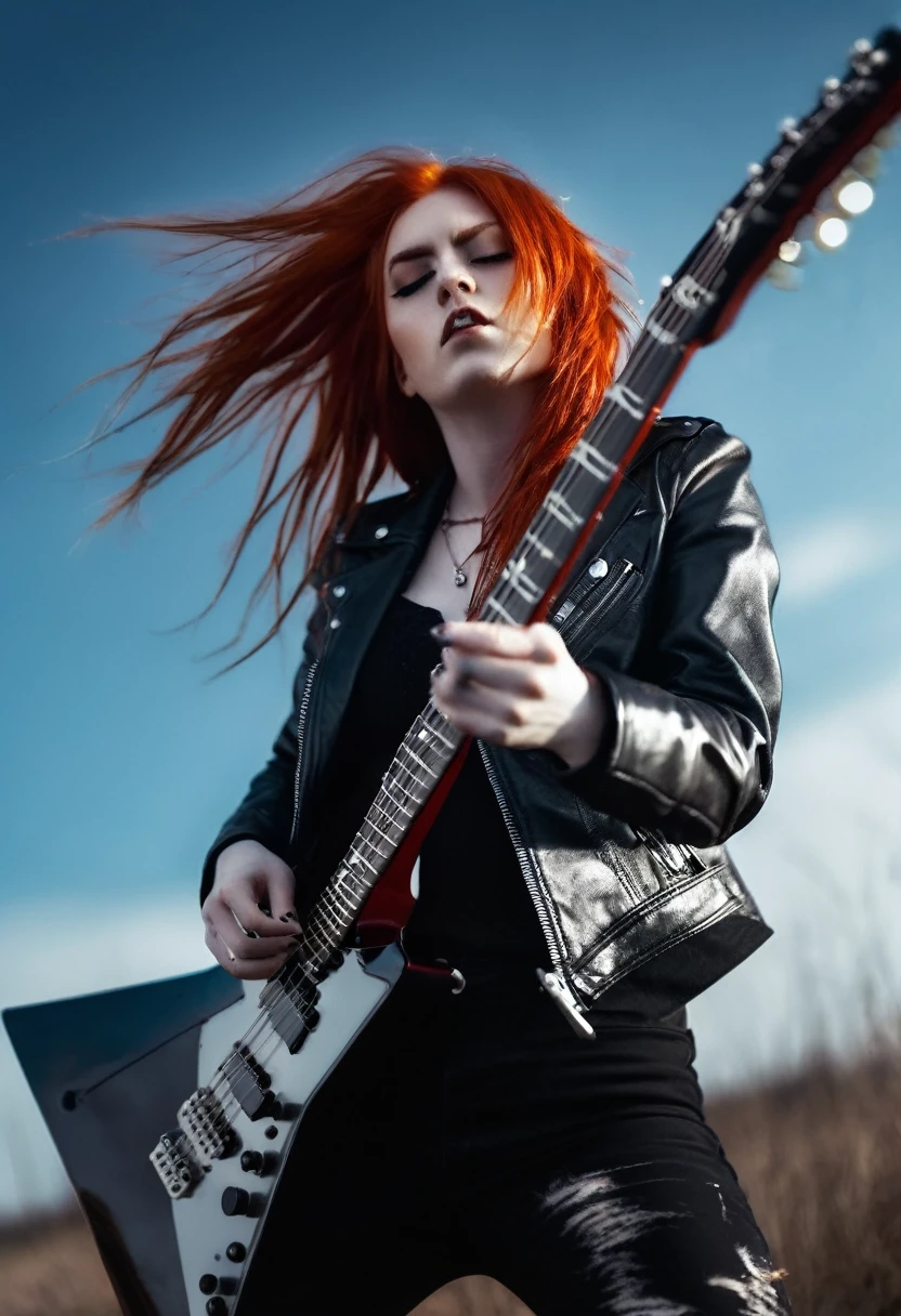 Black Metal girl, red hair shoulder length, leather jacket, riding on a guitar in sky, electricity effects,  movement blur