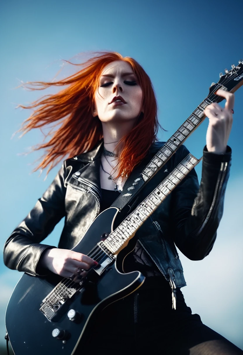 Black Metal girl, red hair shoulder length, leather jacket, riding on a guitar in sky, electricity effects,  movement blur
