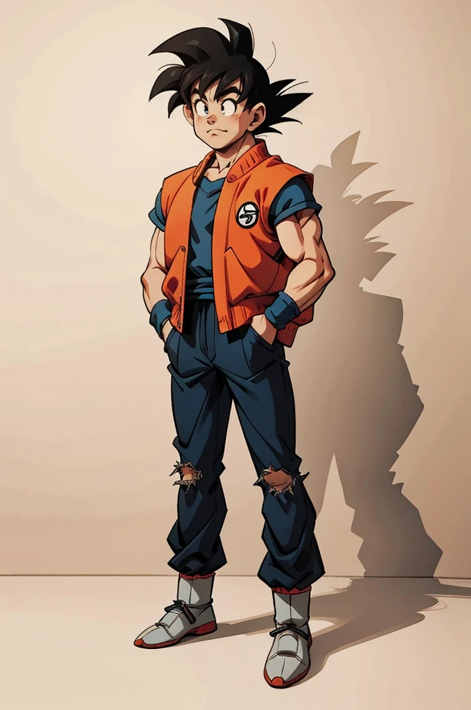 1man, fashion outfit, son goku from dragon ball, akira toriyama style, full body, detail, face detail, amazing art, simple background, 