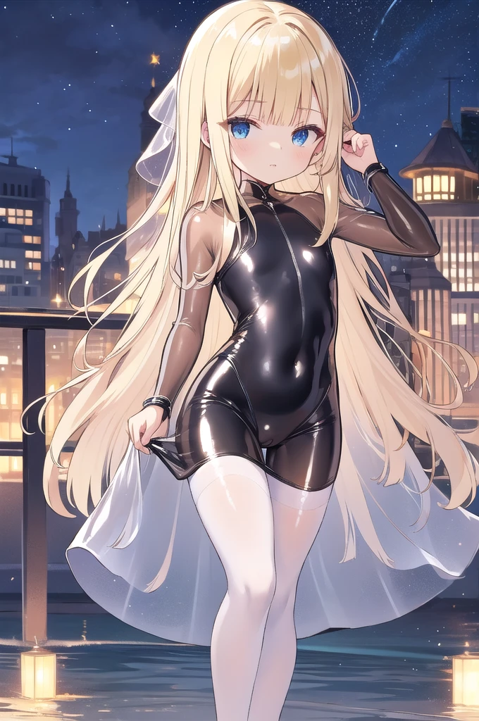 full bodysuit,latex, (dress lift Transparent see-through　shiny clothes:1.2),outdoors,night　Long Hair　Blonde　Toddler girl　5 