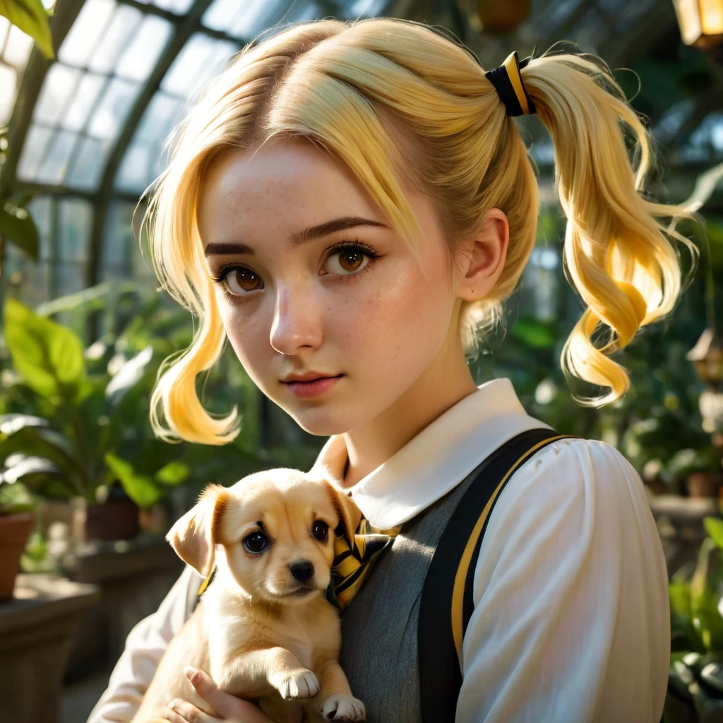 Best quality, masterpiece, Hogwarts student, Hufflepuff, short hair, high twin tails. Short golden blonde twintail hair, serious, very mischievous, cute and bright, with freckles on her face along with her cute puppy in detail. brown eyes A delicate face, beautiful skin, the background is in the Hogwarts greenhouse, soft, mysterious light, soft shadows. Detailed textures, dynamic lighting