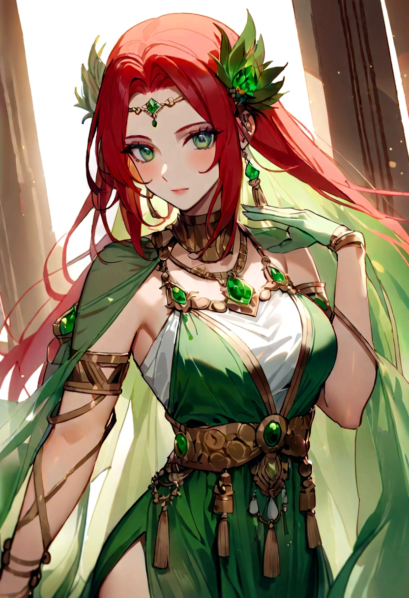 （Huang Li、high quality、Extremely detailed），Constellation - Scorpio Goddess，Scorpion on shoulder，Similar to Latin goodness，brave，capricious，Productivity，The face of enterprising and humanitarianism，Sunset red hair，Ancient Greek costumes、See-through dress，The background is the ocean，Crystal green eyes（Eyes Details），Powerful appearance