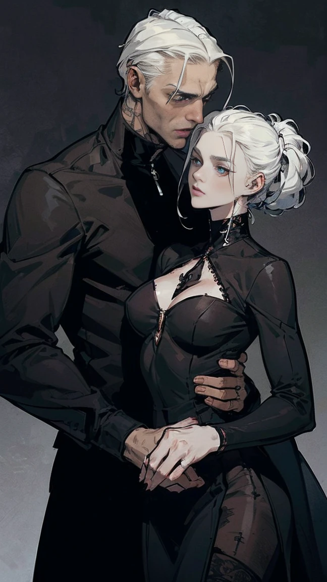 ((Best quality)), ((masterpiece)), (detailed), ((perfect face)), ((Half bodies)) perfect proportions, they are a couple of vampires, (adult man with dark hair in a biker suit), (Young age girl, white hair in a delicate dress), vampire atmosphere, Gothic bedroom background, ((perfect face)) whole body , vampire atmosphere, cuddling