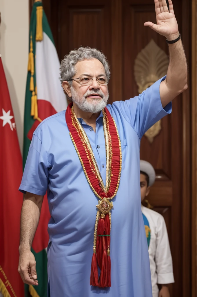 Atual presidente do Brasil (Luiz Inácio Lula da Silva)preso numa jaula, with chains in his hands, choro pelos olhos, Triste e com a faixa presidencial em destaque.