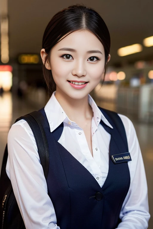a gorgeous lady, age 21, Flight Attendant uniform, Shenzhen Airlines Stewardess，natural pose in empty airport, dimpled smile, short ponytail hair, short bob hair, cute snaggleteeth, well-endowed round bosom, photorealistic, beautiful detailed eyes, hyper-realism, high contrast, ultra HD, realistic skin textures, top image quality, top-quality, super high resolution, fine details, very meticulously, head to knees, face focus, dark bokeh night background