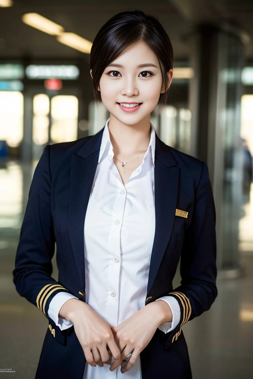 a gorgeous lady, age 21, Flight Attendant uniform, Shenzhen Airlines Stewardess，natural pose in empty airport, dimpled smile, short ponytail hair, short bob hair, cute snaggleteeth, well-endowed round bosom, photorealistic, beautiful detailed eyes, hyper-realism, high contrast, ultra HD, realistic skin textures, top image quality, top-quality, super high resolution, fine details, very meticulously, head to knees, face focus, dark bokeh night background