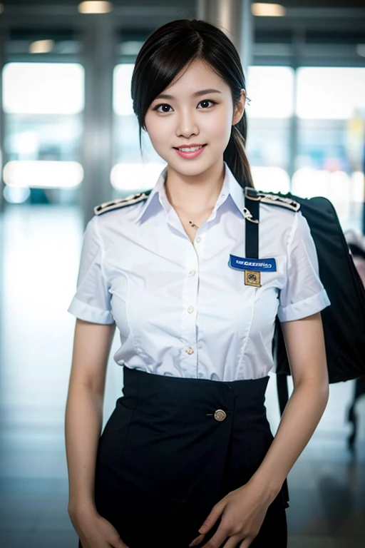 a gorgeous lady, age 21, Flight Attendant uniform, Shenzhen Airlines Stewardess，natural pose in empty airport, dimpled smile, short ponytail hair, short bob hair, cute snaggleteeth, well-endowed round bosom, photorealistic, beautiful detailed eyes, hyper-realism, high contrast, ultra HD, realistic skin textures, top image quality, top-quality, super high resolution, fine details, very meticulously, head to knees, face focus, dark bokeh night background