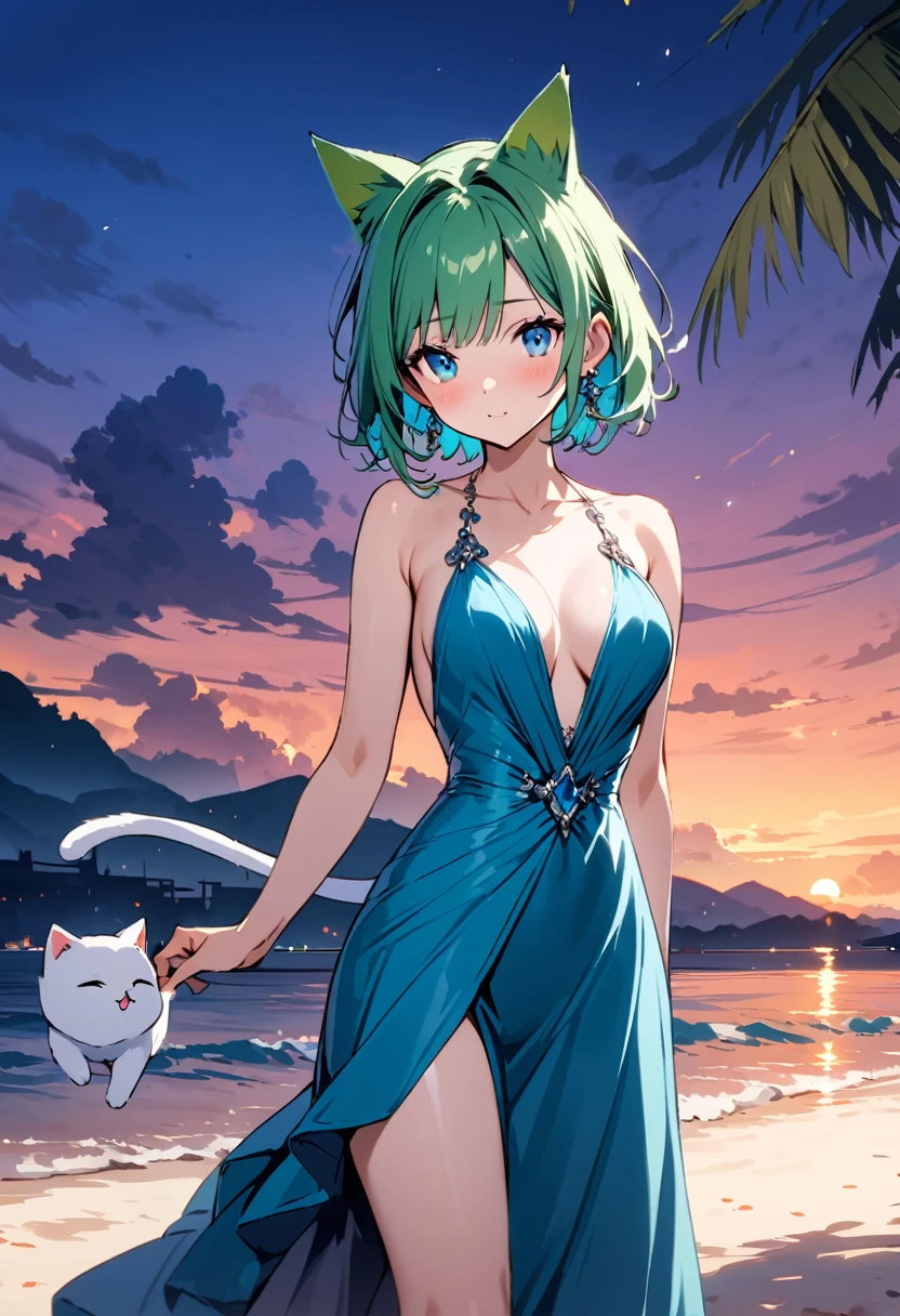 masterpiece, Highest quality, Illustrations for novels, High resolution, 18+ Adult content, Sensual, Intimate, Emotional, Passionate, romantic, sweet, Adorable, Innocent, Pure, Enchanting, Enchantingな, attractive, mysterious, Enchantingな, Enchanting, Immersive, Enchantingな, dream-like, Surreal, Imaginative, Whimsical, Artistic, Avant-garde, timeless, elegant, Sophisticated, chic, Sophisticated, Individuality, original, Enchantingな,One girl,Deltamon_beta, alone, blue eyes, Knee socks, Animal ears, Bare shoulders, Blue Tail, Earrings,Removable sleeves, Green Hair, No sleeve, Cat ear, bag, white Knee socks, Cat's Tail,pink backpack,Pink school bag,Lavender lace: Lavender Peter Pan collar lace dress, Paired with ivory tights and Mary Jane shoes.,Cherry-blossom viewing, azalea, satsuki, azalea blizzard,
rest ((Avoidance method ((kitten)))),((Evening Dress,evening dress,Evening Dresses:1.3))
