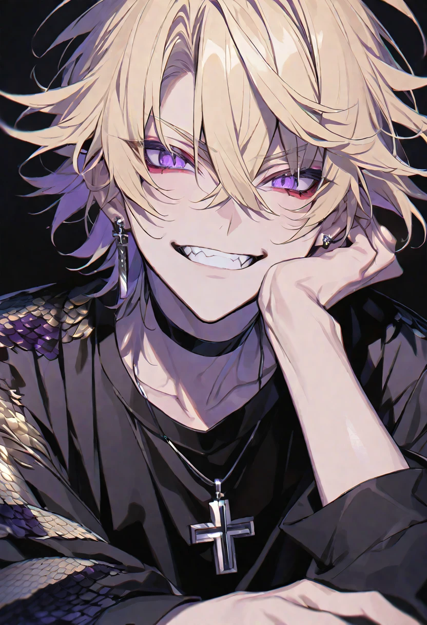 solo, handsome,
1. male,
hair between eyes,Straight Hair,short Hair,
blonde hair,
Gojo Satoru,
purple Eyes,Soft look,beautiful,Sexy,Darkness,Lots of silver earrings,choker,skin,
Dragon Scale,,Jagged teeth,Cheek resting on hand,
Black long sleeve,Cross Necklace,
black background,