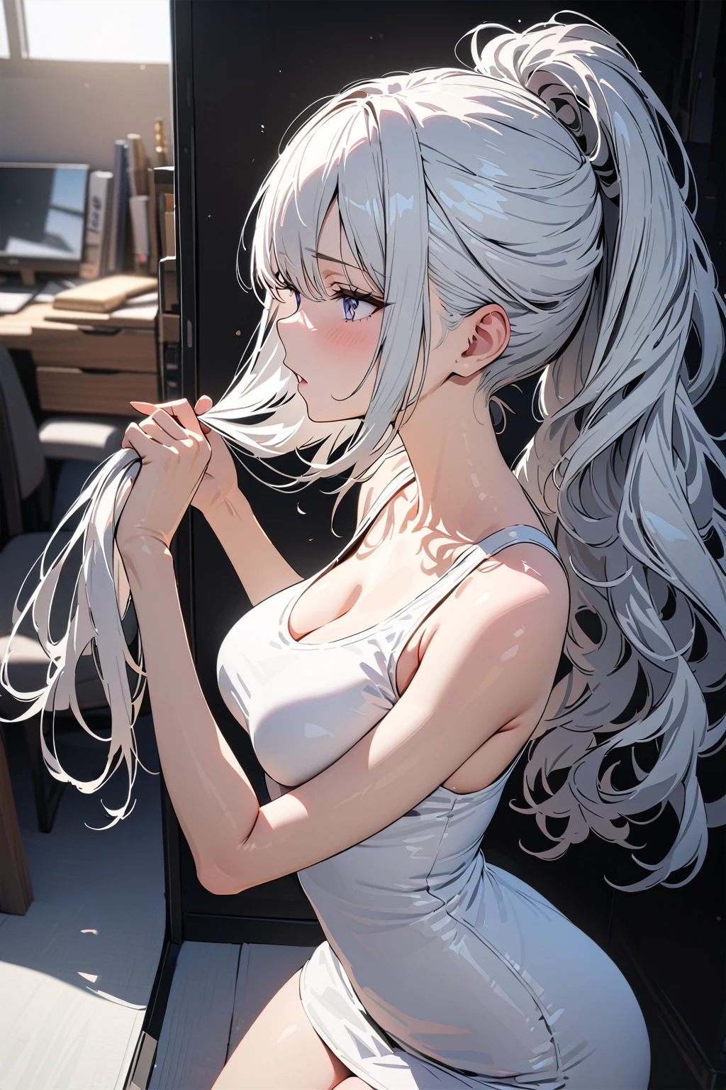 (masterpiece, best quality:1.5), (ultra detailed, high resolution, 8k, beautiful detailed, UHD, best anatomy), 1 girlfriend, white hair, medium breasts, She is pulling off a simple, solid-colored outfit, Blow-dry her hair