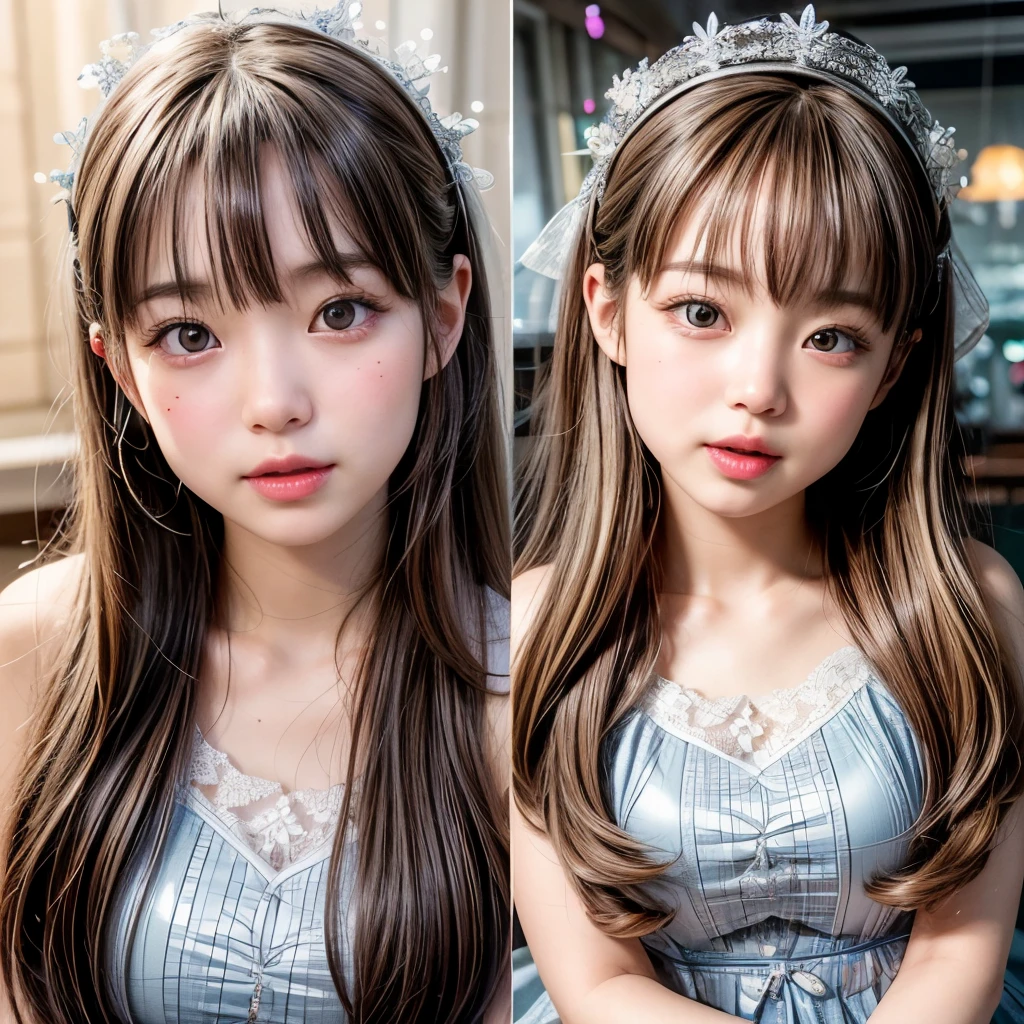 NSFW, 8k, High-level, absurd, masterpiece, best quality, primitive, very detailed CG, very detailed wallpaper, perfect lighting, Extremely detailed (((The personifying " Agnes Lam  " as a Little Girl))), MysticSight, Tyndall effect, Tyndall scattering, Studio gray background with (many Dazzling RainbowColor particles BokeH:1.28), (RoundlyButts, ThighGap), (Exposed:0.4), (Assfocus with looking ahead), BREAK (NOGIZAKA face variations) Extremely Detailed very KAWAII face variations, perfect ???????, Childish, captivating gaze, elaborate detailed Eyes with (sparkling highlights:1.28), long eyelashes、Glossy RED Lips with beautiful details, Coquettish tongue, Rosy cheeks, Radiant PearlSkin with clear transparency . { (Dynamic LifeLike expressions:1.4) | :d) }, (large eyes:-1) .