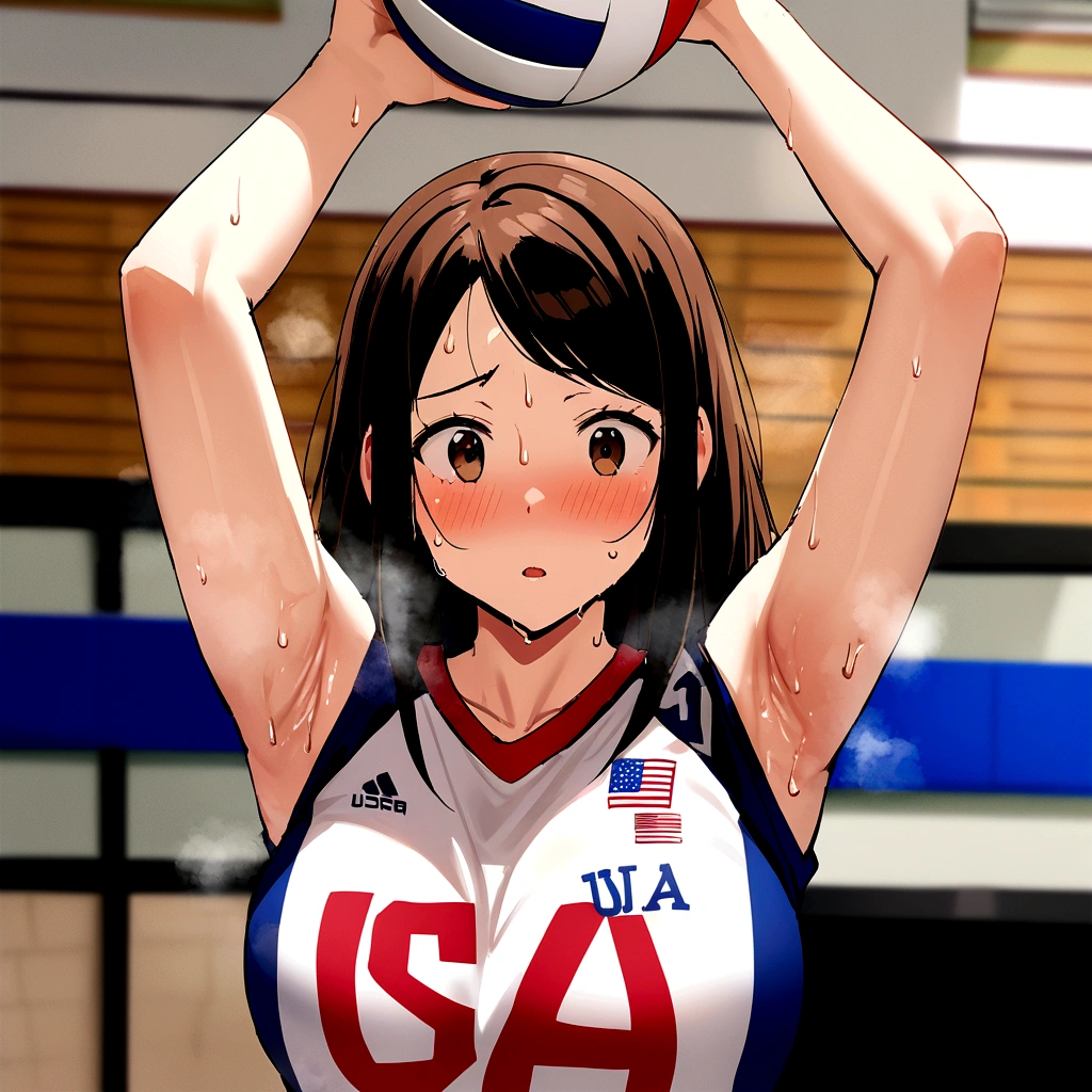 arafed asian woman holding a volleyball ball in a gym, wearing a volleyball jersey, Chiho ashima, usa volleyball, Japanese Model, Chiho, Nishimiya Shoko, volleyball, mayuri shiina, kimi takemura, 4K,cute,Sweat aside