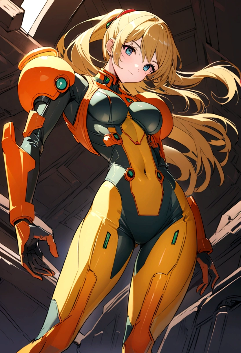 A beautiful young woman (Scarlett Johansson, age 25, Dressed appropriate to the scene) is a mecha pilot wearing an electronic sexy skinsuit, she is posing leaning against the leg of her large mecha (Labor unit, yellow and orange paint scheme, retractable tools), set in downtown future Tokyo
