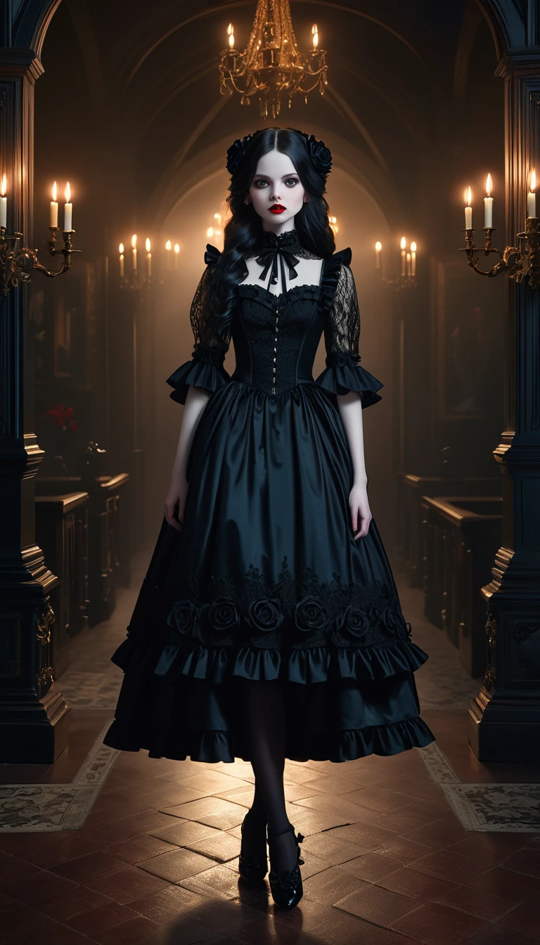 a gothic ta girl,pale skin,red lips,porcelain doll-like face,intricate black lace Evening Dress,(whole body),Exquisite shoes,Thick stockings,ruffles,White Rose,bows,high collar,long black hair,haunting gaze,dark fairy tale,dramatic lighting,moody atmosphere,cinematic,highly detailed,masterpiece,photorealistic