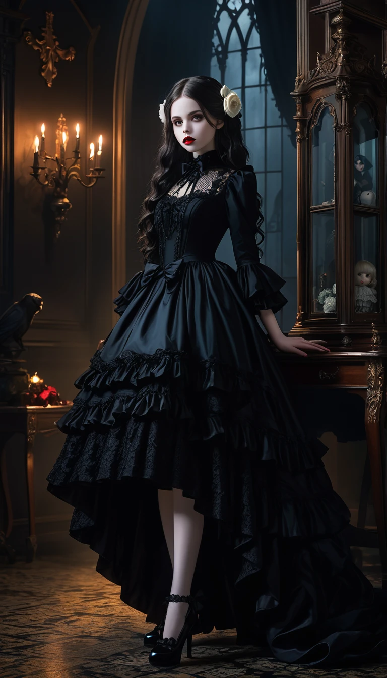 a gothic lolita girl,pale skin,red lips,porcelain doll-like face,intricate black lace Evening Dress,(whole body),Exquisite shoes,Thick stockings,ruffles,White Rose,bows,high collar,long black hair,haunting gaze,dark fairy tale,dramatic lighting,moody atmosphere,cinematic,highly detailed,masterpiece,photorealistic