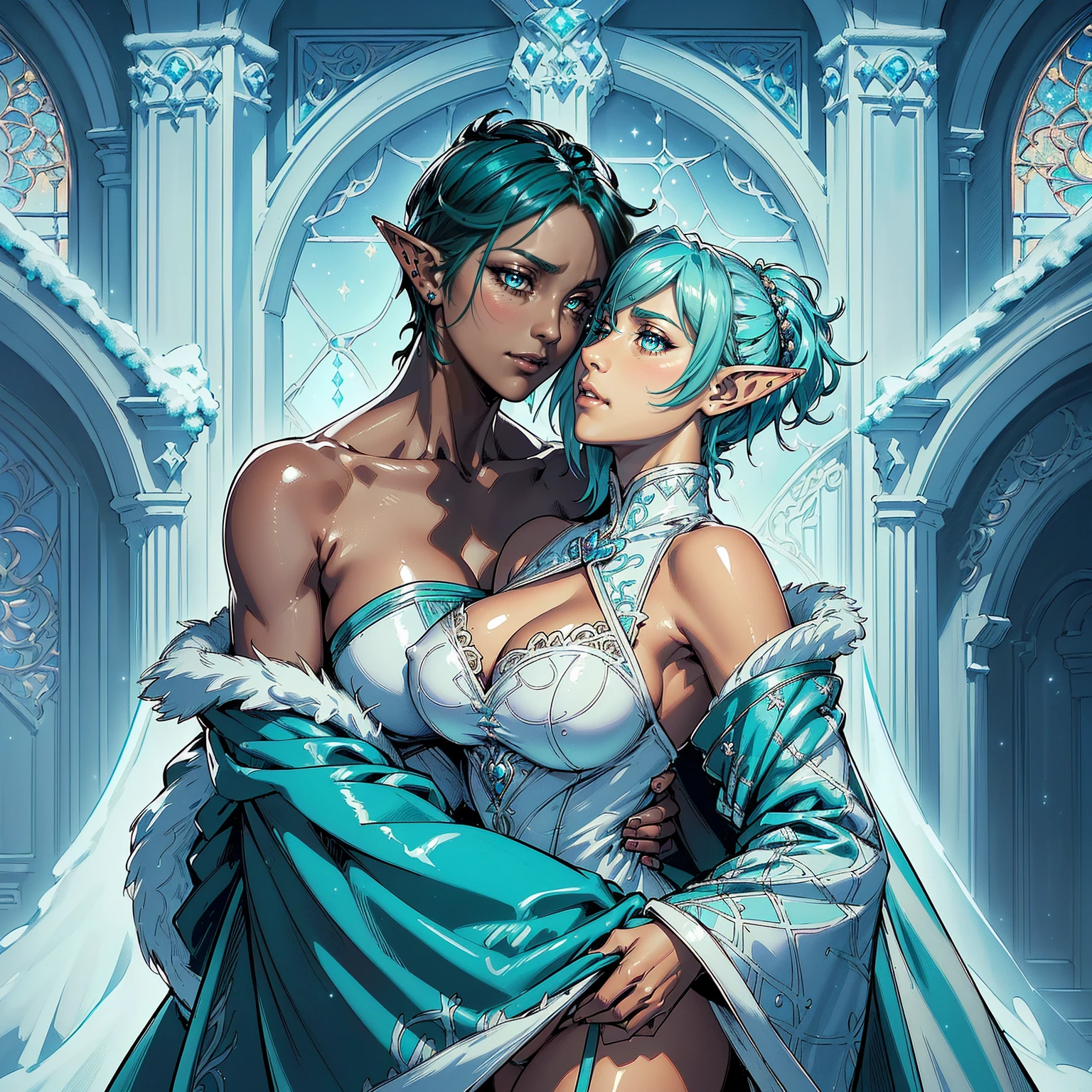 Masterpiece, Professional, High Definition - quality, sharp focus, perfect artwork, Best Illustration, trending on artstation, UHD, 4k, full body, NSFW
"1,cute elf, ((anime elf with extremely cute and beautiful aqua hair)), (((elf,elf ears))), ((lesbian,yuri)),(((big chest))),((((aqua hair ,undercut aqua hair,short hair,colored inner hair,ear breathing)))),(((aqua_eyes ))),intricate eyes,beautiful detailed eyes,symmetrical eyes,big eyes ,(((dark skin,dark_skin,lustrous skin ,bright skin ,skin tanned,shiny skin,very shiny skin,shiny body,plastic glitter skin,exaggerated shiny skin,illuminated skin))),(,detailed body,(detailed face)),
cute,slutty,erotic,daring,(((nsfw))), zettai ryouiki,revealing clothing,show skin,(((Sexy aqua fur coat, aqua fur coat outfit, wearing a ice dress ,aqua winter coat))), ((ice dress,elegant ice dress)),(white gloves,white clothes),(((intricate outfit,intricate clothes,embroidered outfit,ornate outfit,embroidered clothes,ornate clothes))),(dynamic pose ),embarrassed,(centered,scale to fit dimensions,Rule of thirds),inside,indoor,((cozy gothic room)),scenery ,((intricate scenery)),((winter decorations)), (Glossy winter ornaments),highres,sharp focus,(ultra detailed,extremely detailed),(photorealistic artwork ),(extremely detailed CG unity 8k wallpaper),(((vibrant colors,vibrant theme))),(intricate),(masterpiece), "