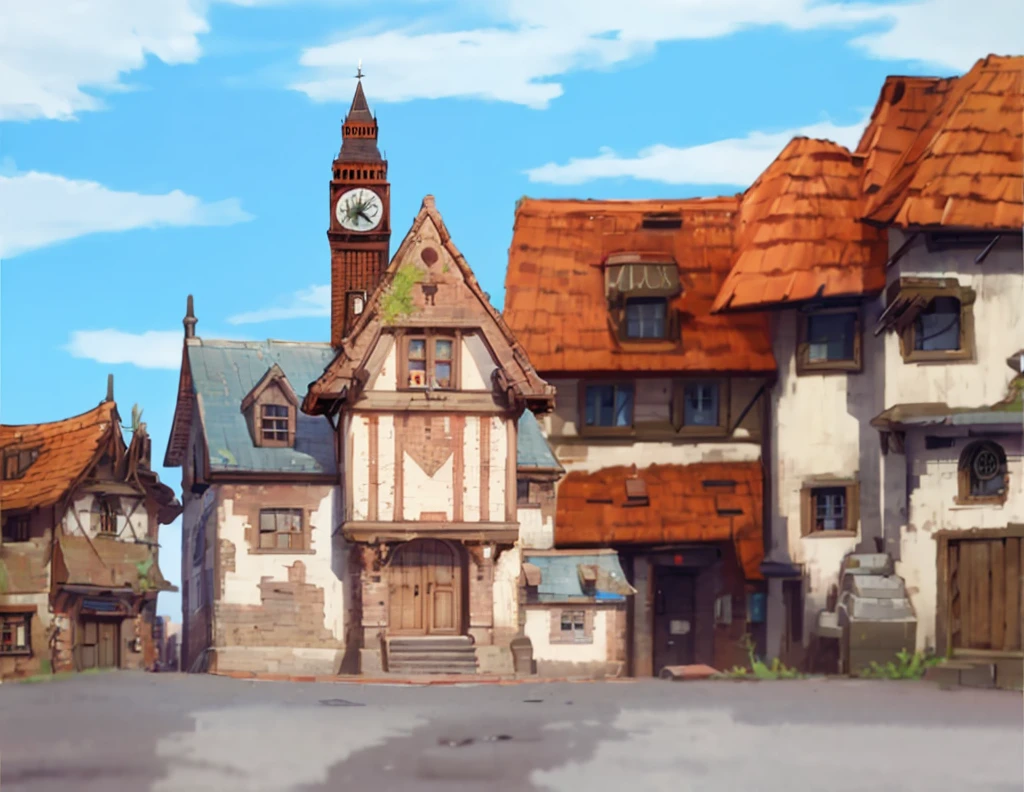 Streetscape,steampunk,Slums,Devastation,Medieval European style,Red roof,,clock tower,Cobblestones,Cloudy,An illustration,4k,8k,Highest quality