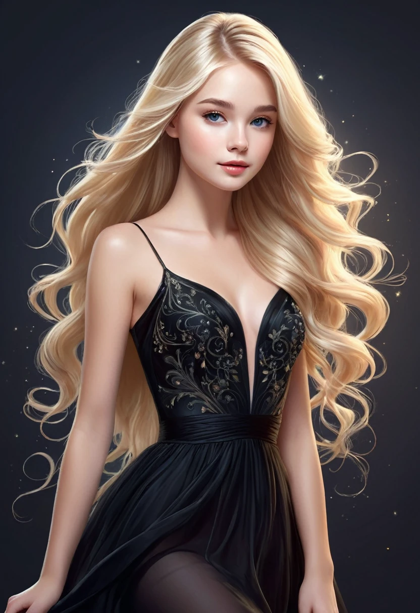 Vector graphic design of cute pretty girl with long blonde hair and perfect anatomy. Her exquisite, gorgeous and charming black evening dress, Ethereal and dreamy.,mitigate,High resolution details,best quality,
Master of ultra-detailed animation art and visual effects's works art station, Conceptual artwork anatomy correct detailed sharp focus illustration, artwork