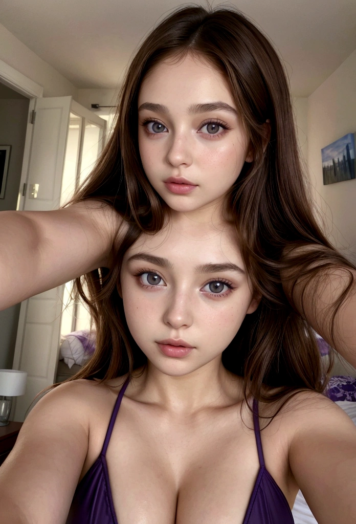 arafed woman fully , sexy girl with brown eyes, ultra realistic, meticulously detailed, portrait sophie mudd, brown hair and large eyes, selfie of a young woman, bedroom eyes, violet myers, without makeup, without makeup, looking directly at the camera, face with artgram, subtle makeup, bikini sexy on bed, in bedroom