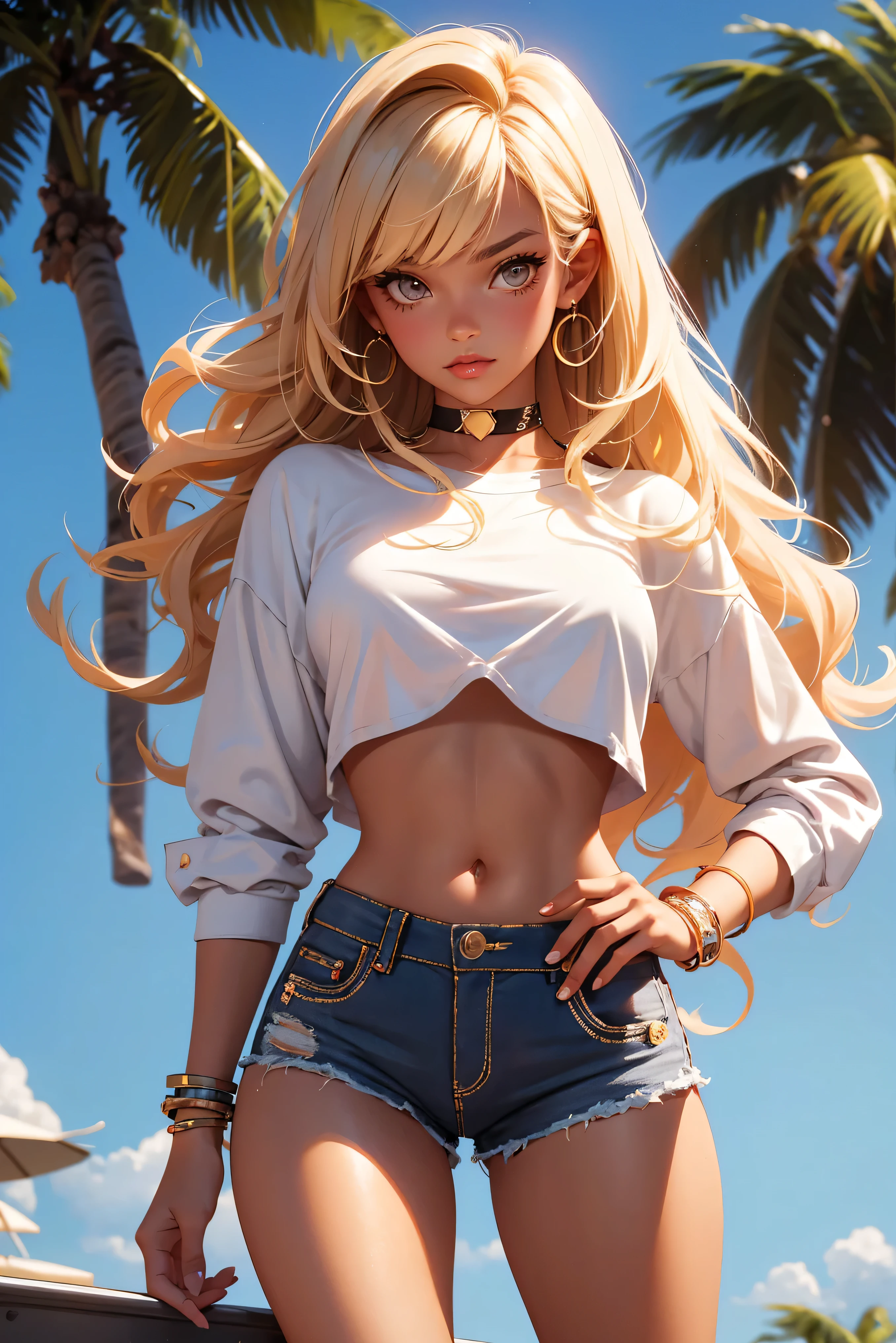 age girl-model 18 years old, beautiful, tanned, blonde, bob hair, bangs, brown eyes, beautiful figure, girl wearing crop shirt and too short mini shorts, beautiful long legs, slave bracelets, slave choker, manicure, cute makeup, flirtatiously posing, hot summer, hot flirty, sexy posing, summer outfit, top quality, higest quality, pin-up style, retro 80s style, Daisy Dukes style, slave girl, Miami vibes