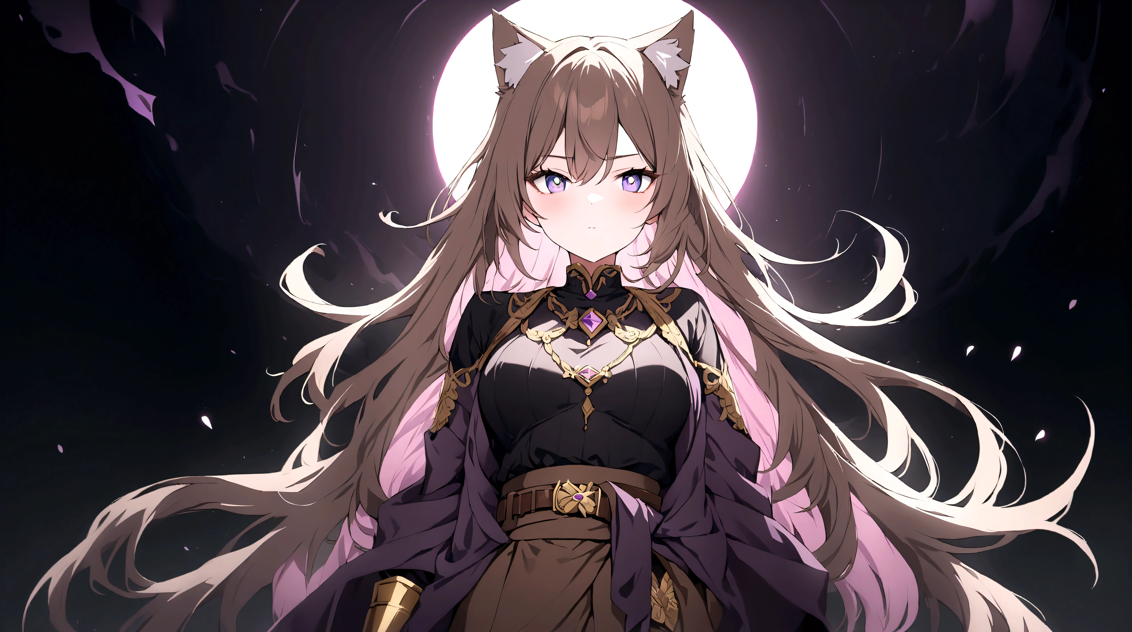 (1girl, Masterpiece, best quality) (detailed and beautiful eyes:1.6) (perfect hands, perfect anatomy) A young female character with long, brown hair featuring streaks, styled in loose waves. She has striking (purple eyes and a confident, slightly defiant expression). She has distinctive (cat-like ears, brown with pink inner fur with tail. She wears a black and dark purple form-fitting top fantasy adventurer adorned with gold and red accents, including intricate patterns. Over this, she has a dark-purple cloak covering with gold detailing. Accessories include a fiolet gemstone necklace and a belt with gold ornaments. She has a brown belt with dark fiolet accents cinched around her waist and (wears brown pants) with armored greaves.
