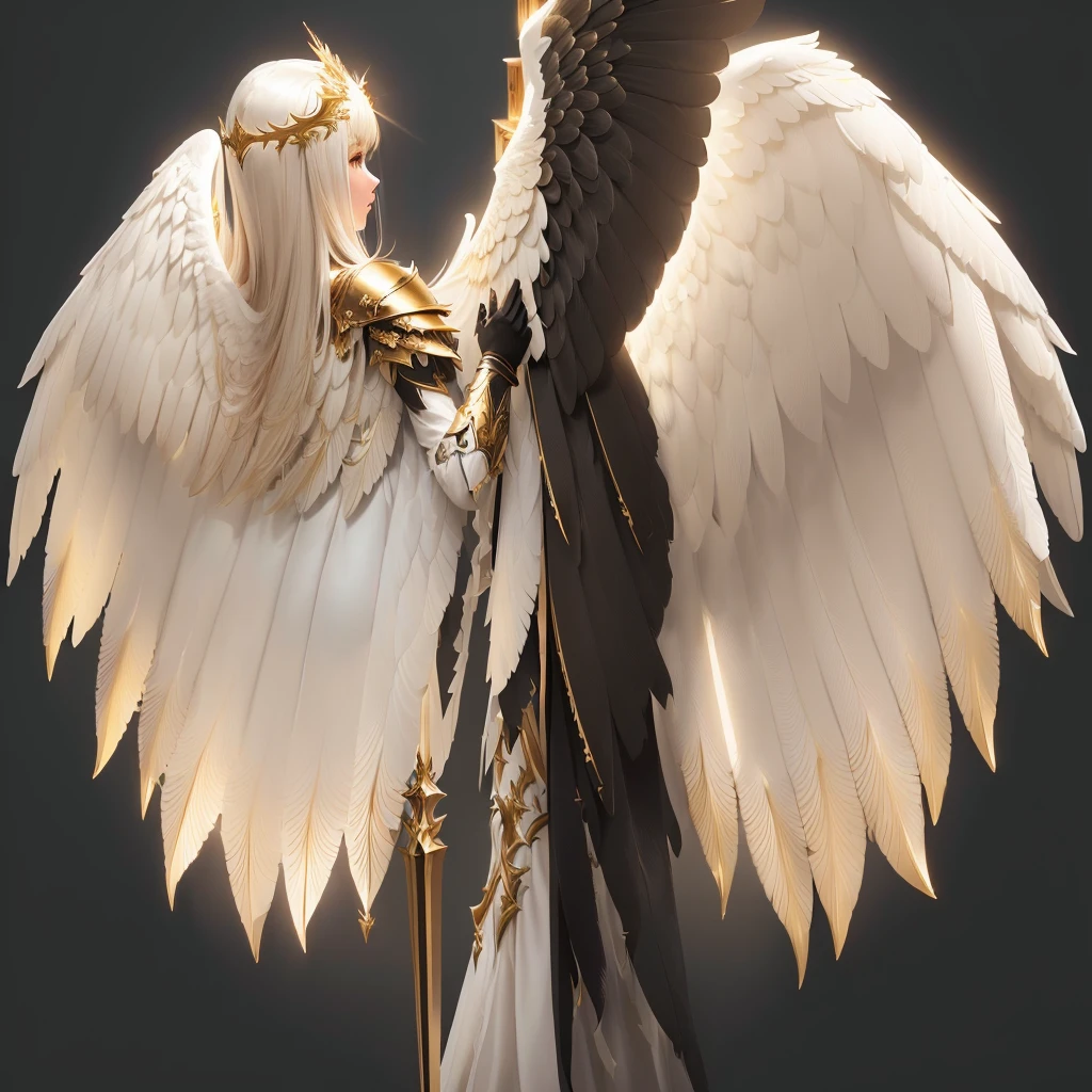 a woman with white wings and a gold halo, angel knight girl, angelic golden armor, angel in plastic armor, full - body majestic angel, lineage 2 revolution style, angel knight gothic girl, tall female angel, armor angle with wing, archangel, gorgeous female paladin, epic angel wings, from lineage 2, female lord of change