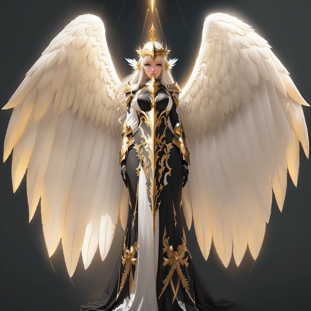 a woman with white wings and a gold halo, angel knight girl, angelic golden armor, angel in plastic armor, full - body majestic angel, lineage 2 revolution style, angel knight gothic girl, tall female angel, armor angle with wing, archangel, gorgeous female paladin, epic angel wings, from lineage 2, female lord of change
