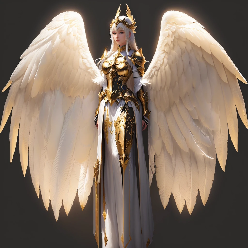 a woman with white wings and a gold halo, angel knight girl, angelic golden armor, angel in plastic armor, full - body majestic angel, lineage 2 revolution style, angel knight gothic girl, tall female angel, armor angle with wing, archangel, gorgeous female paladin, epic angel wings, from lineage 2, female lord of change