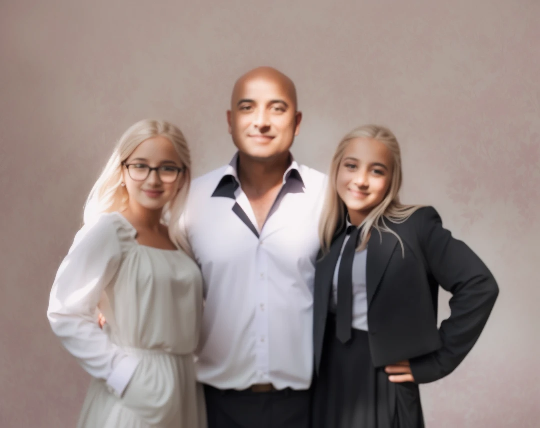 very beautiful photo of a dad in a bald shirt and two daughters in very beautiful dresses , The best photo