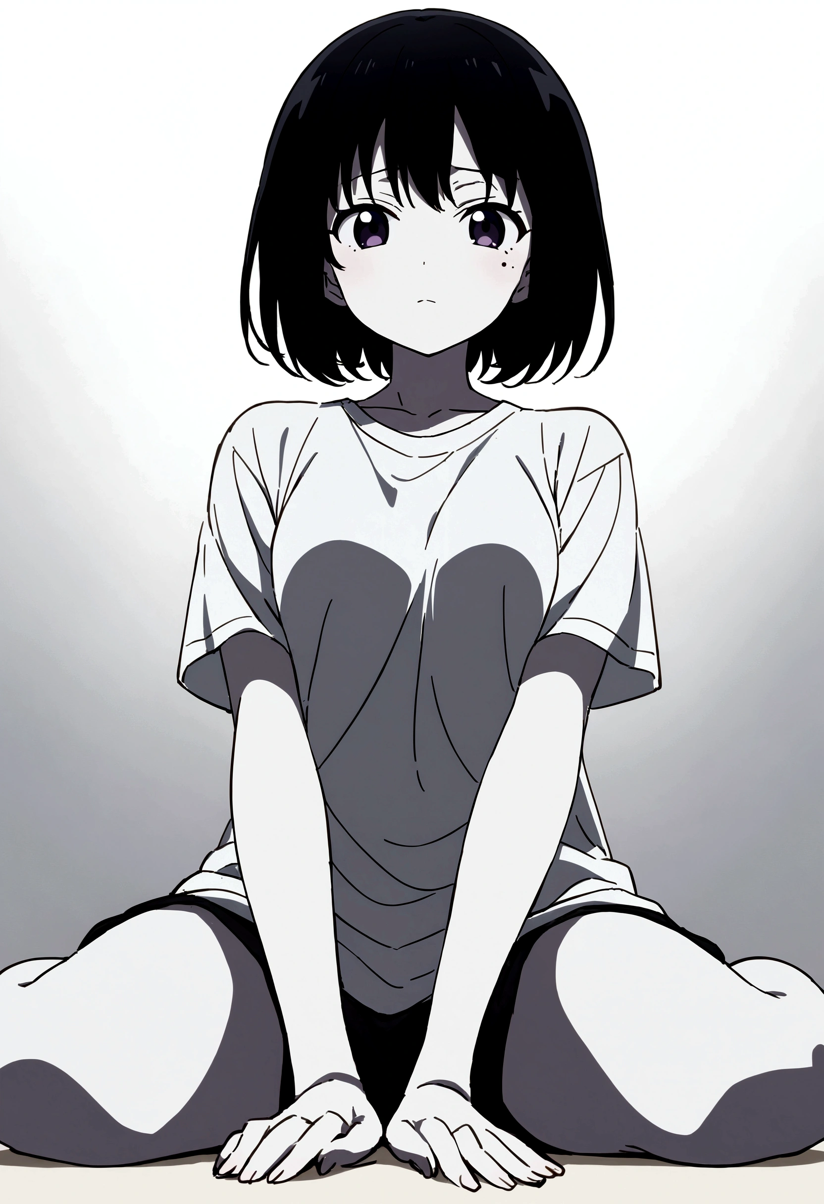 Highest quality, girl, thought, Sitting, Sitting on the floor, View your viewers, short hair, Black Hair, Pale skin, slim, T-Shirts, mole, White Background, cute, anime, Full Body Shot, from the front, From below