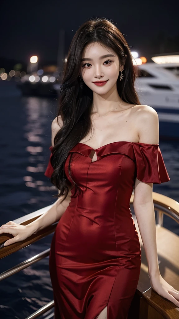 A sweet girl by the yatch,voluminous hair,Delicate face,Photorealsitic,of a real,largeaperture,wears a dark red dress,A cropped dress,Off-the-shoulder,A dress around the neck,Slim,smiles,Ultra-high resolution, Blurred background