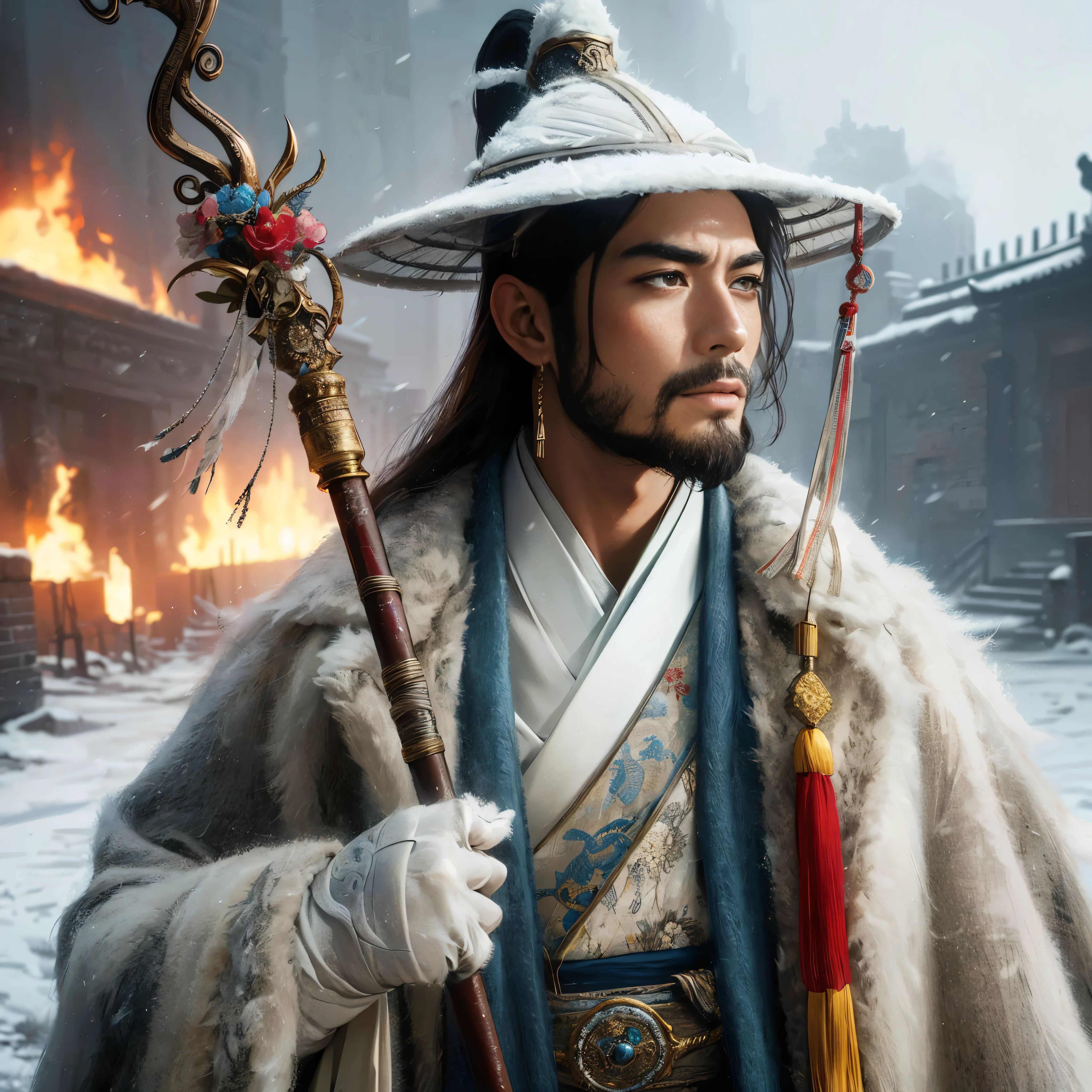 (Masterpiece:1.2), (Best Quality:1.2), (high resolution:1.2), (beautiful face and eye:1.2), (sharpest focus:1.2), (Ultra-realistic Photo:1.2), (Ultra-precise Photo:1.2), (Depth of field:1.2), (perfect anatomy:1.2), (nice hands:1.2),
(perfect hands:1.2), (five fingers:1.2), (Young, fearless, beautiful, shady Chinese man:1.0), (Lonely Chinese warrior with spear:1.0), (Neatly trimmed short beard and tied hair:1.0), (Blazing Chinese period drama style fortress:1.0),
(long spear with serpentine blade and ornate decoration:1.0), (white tsubakuhiro cap and cloak:1.0), (white armor with red, blue, and yellow coloring:1.0), (snowstorm:1.0), (melancholy expression:1.0), (picturesque standing figure:1.0),